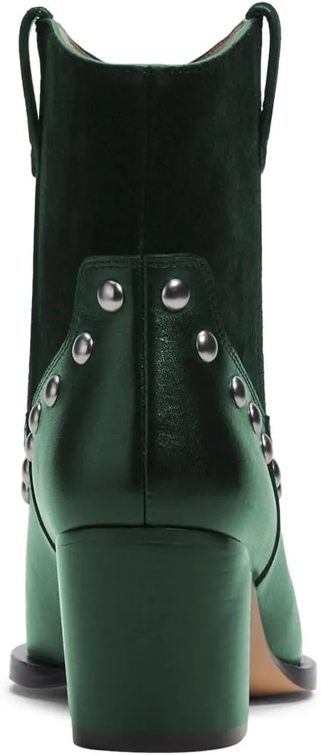 Zszszsu Women's Rivet Studded Ankle Boots Chunky Block Mid Heel Booties Wide Calf Cowboy Casual Pull on Shoes Size 4-16 US
