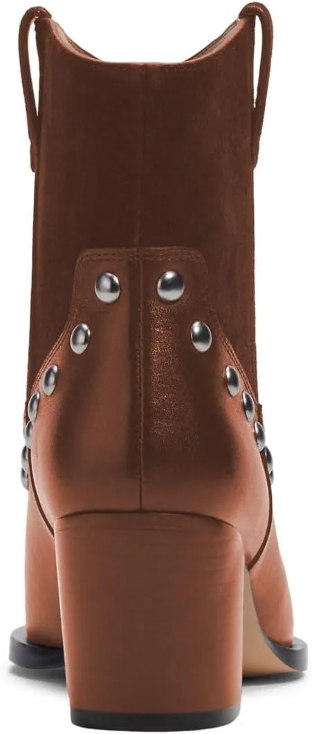Zszszsu Women's Rivet Studded Ankle Boots Chunky Block Mid Heel Booties Wide Calf Cowboy Casual Pull on Shoes Size 4-16 US