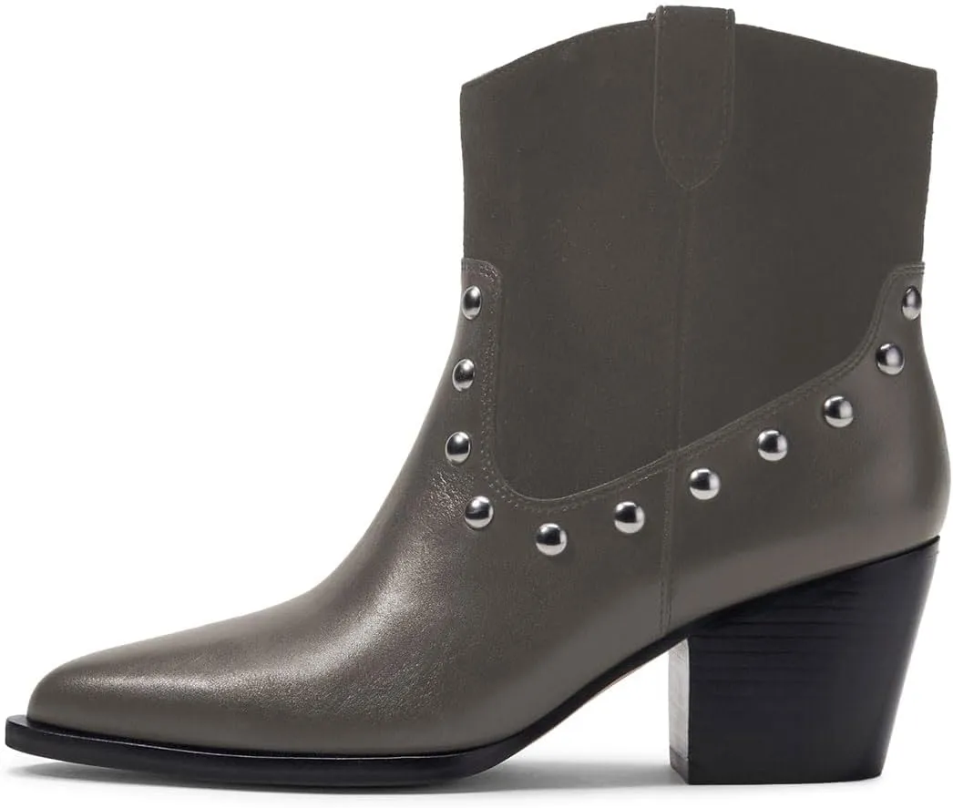 Zszszsu Women's Rivet Studded Ankle Boots Chunky Block Mid Heel Booties Wide Calf Cowboy Casual Pull on Shoes Size 4-16 US