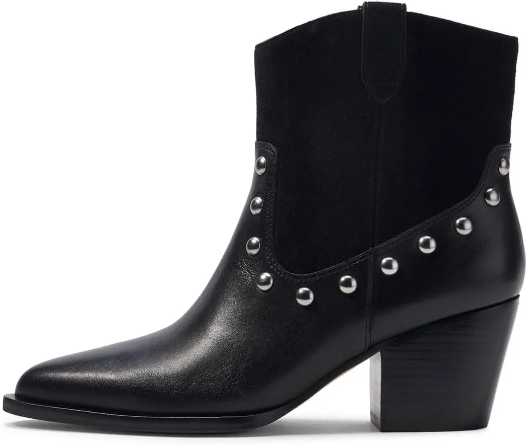 Zszszsu Women's Rivet Studded Ankle Boots Chunky Block Mid Heel Booties Wide Calf Cowboy Casual Pull on Shoes Size 4-16 US