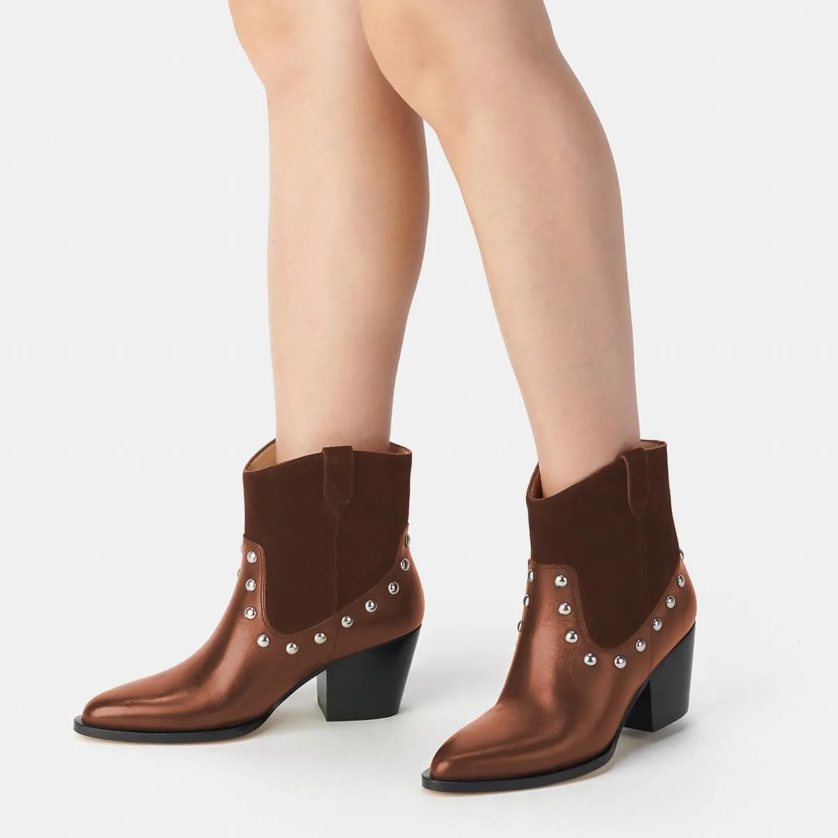 Zszszsu Women's Rivet Studded Ankle Boots Chunky Block Mid Heel Booties Wide Calf Cowboy Casual Pull on Shoes Size 4-16 US