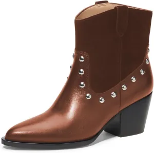 Zszszsu Women's Rivet Studded Ankle Boots Chunky Block Mid Heel Booties Wide Calf Cowboy Casual Pull on Shoes Size 4-16 US