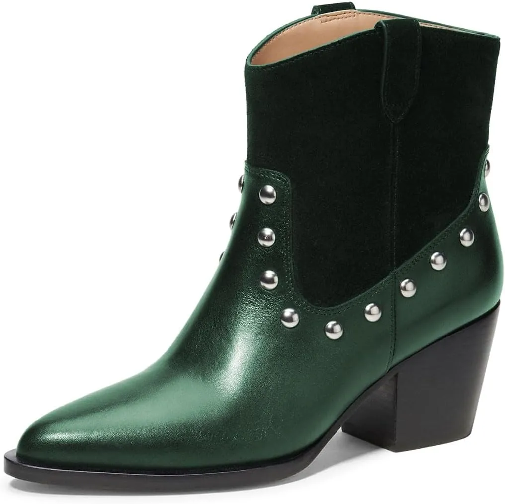 Zszszsu Women's Rivet Studded Ankle Boots Chunky Block Mid Heel Booties Wide Calf Cowboy Casual Pull on Shoes Size 4-16 US