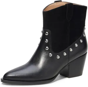 Zszszsu Women's Rivet Studded Ankle Boots Chunky Block Mid Heel Booties Wide Calf Cowboy Casual Pull on Shoes Size 4-16 US
