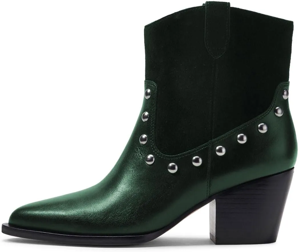 Zszszsu Women's Rivet Studded Ankle Boots Chunky Block Mid Heel Booties Wide Calf Cowboy Casual Pull on Shoes Size 4-16 US