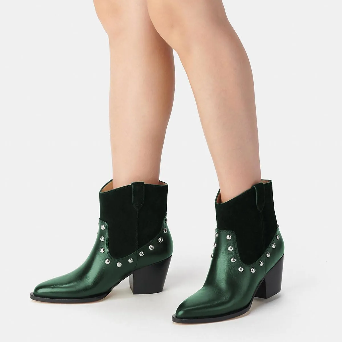 Zszszsu Women's Rivet Studded Ankle Boots Chunky Block Mid Heel Booties Wide Calf Cowboy Casual Pull on Shoes Size 4-16 US