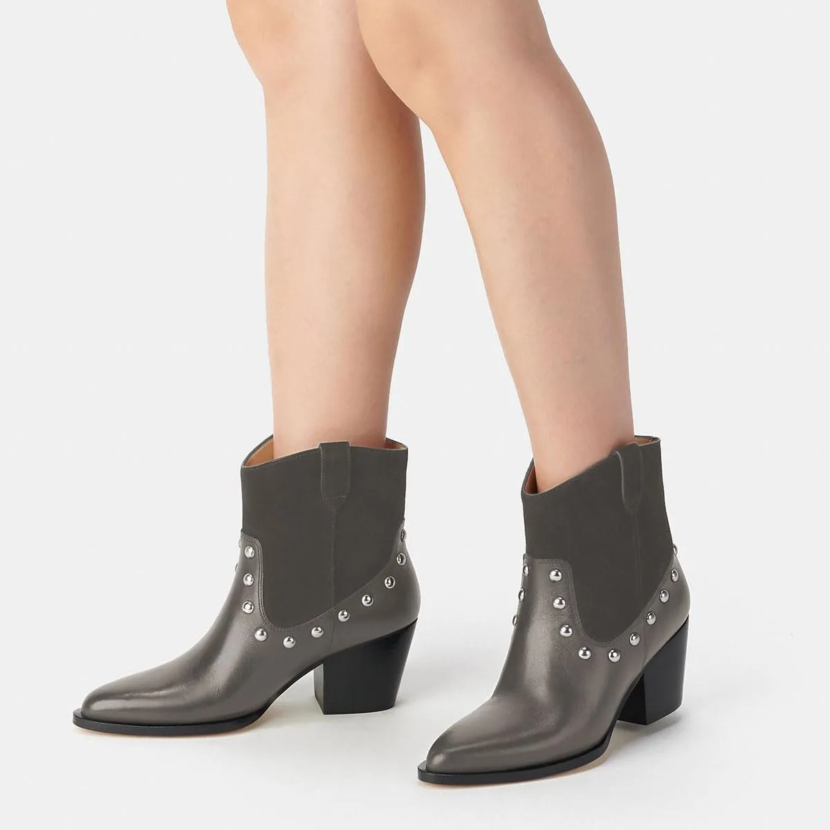 Zszszsu Women's Rivet Studded Ankle Boots Chunky Block Mid Heel Booties Wide Calf Cowboy Casual Pull on Shoes Size 4-16 US