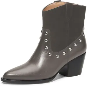 Zszszsu Women's Rivet Studded Ankle Boots Chunky Block Mid Heel Booties Wide Calf Cowboy Casual Pull on Shoes Size 4-16 US