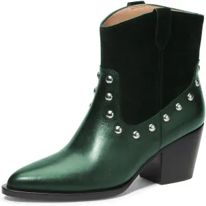 Zszszsu Women's Rivet Studded Ankle Boots Chunky Block Mid Heel Booties Wide Calf Cowboy Casual Pull on Shoes Size 4-16 US